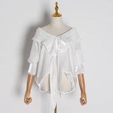 Dadizhimu Temperament Elegant Wind Solid Color Collar Bow Shirt 2025 Summer New Shoulder Thin Fashion Top Woman