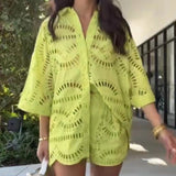 Dadizhimu New Embroidery Hook Design Medium Long-Sleeved Shirt Top + Casual High-Waist Shorts Fashion Two-Piece Set Of Women