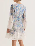 Dadizhimu Fresh Wind Printing Collar With Waist Design Short Dress 2025 New Temperament V Collar Long Sleeve Short Dress Woman