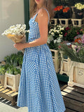 Dadizhimu Women's Summer Summer Idyllic Dress Blue Lattice Sling Dress Summer Women's High-End Holiday Dress