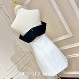Dadizhimu Temperament Of The Black And White Bumpy Bow Word Shoulder Tidly Strapped Shoulder Tight Belt A-Word Dress Is Not Skinny