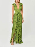 Dadizhimu Open Fork Dress 2025 New Autumn V-Neck Wood Ear Design High-Waist Long Dress Woman