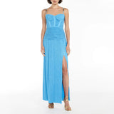 Dadizhimu Style Dress 2025 New Temperament Pure Color Folding Open Fork Design Sexy Long Dress