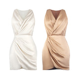 Dadizhimu Famous Temperament Design Small Silk And Satin Folded Waist Thin Dress Vneck Sleeveless Skirt