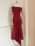 Dadizhimu New French Small Design Feel Chic Oblique Shoulder To Repair The 100 Folds Of Simple Dress Dress