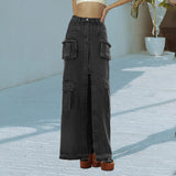 Dadizhimu Street Wind 2025 Summer New High-Waist Long Straight Before The Open Design Denim Pure Color Female Skirt