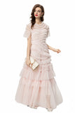 Dadizhimu 2024 Spring And Summer New Women's Round Neck Short Sleeve Mesh Yarn Ear Layer Red Banquet Dress Dress