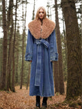 Dadizhimu 2025 New Fashion Temperament Detachable Wool Collar Long Denim Jacket Female With Belt Thin Windwear