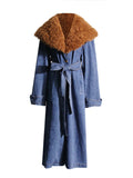 Dadizhimu 2025 New Fashion Temperament Detachable Wool Collar Long Denim Jacket Female With Belt Thin Windwear