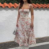 Dadizhimu Women's Sexy Bare Backs With Sling Dress Holiday Break Flower Fork Long Skirt