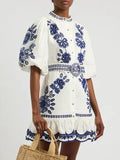 Dadizhimu Style Single Row Buckle Bubble Sleeve Skirt 2025 New Retro Embroidery Sketch Design Short Dress Women's Summer
