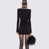 Dadizhimu Sexy Hollow Decoration Diamond Buckle Long-Sleeved Dress Women's New Small Pure Desire To Decorate The Design Dress