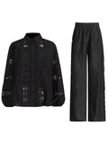 Dadizhimu Temperament Elegant Two Sets 2025 Summer New Fashion Collar Embroidered Shirt Top High Waist Straight Trousers Women
