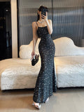 Dadizhimu Sexy Niche Brand Water Drill Slings Appear Thin Dress Black Apricot Long Dress Birthday Fishtail Dress