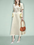 Dadizhimu Wind V-Neck Waist-Skinny Dress 2025 New Niche Design Sense Splicing Three-Dimensional Flower Dress Woman