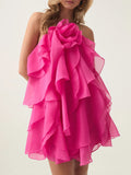 Dadizhimu Temperament Sexy High-End Short Dress 2025 Summer New Hanging Neck Three-Dimensional Flower Design Strapped Sleeveless Dress