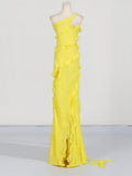 Dadizhimu Wind One-Shoulder Dress Dress 2025 Summer New Splicing Wood Ear Slim Slim Open Fork Dress Woman