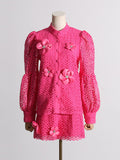 Dadizhimu New Design Embroidery Lace Fashion Suit Women Two Sets Of Lantern Sleeve Top + Casual Shorts Women