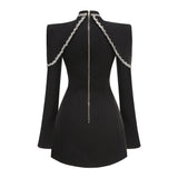Dadizhimu Sexy Decorative Diamond Chain Skirt Women High-End High-Collar Irregular Hem Horn Sleeve Dress