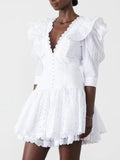 Dadizhimu Court Style V-Neck Bubble Sleeve Dress 2025 New Lace Embroidery To Collect Thin Short Dress Woman