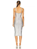 Dadizhimu Heavy Industry Hot Silver Sling V-Neck Dress Light Luxury Party Banquet Thin Banded Evening Dress