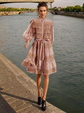 Dadizhimu Luxury Dress Women 2025 Spring New Hollow Lace Splicing Pearl Buckle Lantern Skirt