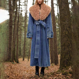 Dadizhimu 2025 New Fashion Temperament Detachable Wool Collar Long Denim Jacket Female With Belt Thin Windwear
