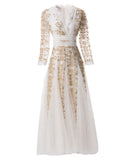 Dadizhimu Collar Nine-Sleeves To Close The Waist Fluffy Swing Net Gold Embroidered Dress Dress Long Dress