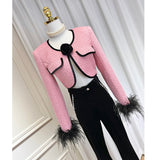 Dadizhimu Wind Rose Flower Brooch Short Ostrich Coat High Waist Water Drill Chain Velvet Trumpet Trousers