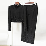 Dadizhimu Famous Yuanfeng 2025 Spring New Nail Beads Drilled Short Top High-Waisted Hip Skirt Suit Woman