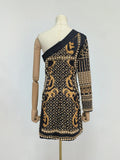 Dadizhimu Court Retro Style Dress 2025 New Slender Shoulder Collar Unilateral Sleeve High-End Print Short Dress Dress Woman