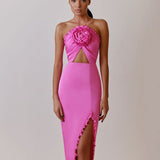 Dadizhimu New Decoration Flowers Sexy Party Dress With Chest Bare Back Strap Open Skirt Dress Long