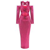 Dadizhimu Women's Sexy V-Neck Long-Sleeved Dress High-End Decorative Flowers Under The Fork Dress Long Model