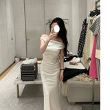 Dadizhimu Study Dress Elegant Bag Hip Dress A Word Shoulder-Singy-Faced Dress Women's French Dating Party Dress