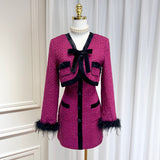 Dadizhimu Velvet Feather Cuffs Small Fragrant Short Coat Coat Bow Bow Sling Skirt Dress