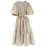 Dadizhimu Bubble Sleeves With A Thin And Lean Color Dress 2025 New Fold Design Long Dress Woman