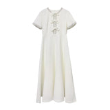 Dadizhimu And South Korea Casual Style Sweet Dress 2025 New Neck Collar Diamond Design Splicing Bow Long Dress Dress Woman