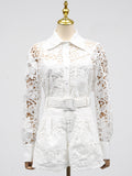 Dadizhimu Fashion Collar Embroidery Set 2025 New Sexy Hollow Flower Shirt + Temperamental Belt Shorts Woman