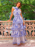 Dadizhimu Spring And Summer New Back-Lit Collar Retro Blue Printing Layer Lotus Leaf-Side Cake Dress Dress Dress Dress