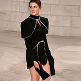 Dadizhimu Sexy Decorative Diamond Chain Skirt Women High-End High-Collar Irregular Hem Horn Sleeve Dress