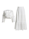 Dadizhimu Trendy Two-Piece Set 2025 New Fashion V-Neck Lace Embroidered Horn Sleeve Top + High-Waisted Long Dress