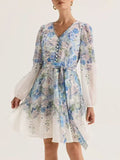 Dadizhimu Fresh Wind Printing Collar With Waist Design Short Dress 2025 New Temperament V Collar Long Sleeve Short Dress Woman