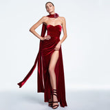 Dadizhimu Sexy Velvet Breast Evening Dress Women's Clothes Bare Backs Open Fork Party Dress Long