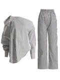 Dadizhimu And South Korea Simple Wind 2025 Spring New Fashion Niche Slanted Shoulder Hollow Striped Straight Trouser Shirt Set Female Trend
