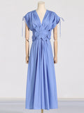 Dadizhimu Elegant Windy High-Waisted Dress Dress 2025 New V-Neck Collage Flower Design Long Dress Dress Woman