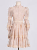 Dadizhimu Retro High-End Short Dress 2025 Summer New Fashion Collar Lantern Sleeve Mesh Waist Dress Dress Woman