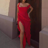 Dadizhimu Women's French Suspension Dress Design Sensual Spice Girls Sexy Open Fork Dress Red Chiffon Dress Summer
