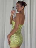 Dadizhimu Water Drill Elastic Mesh Short Corset Dress Stylish Hot Party Dinner Dress