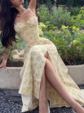 Dadizhimu Girls Wear Women's Spring New Fashion Broken Flower Dress Vacation Style Suspension Dress Women's Fork Dress