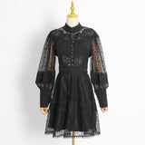 Dadizhimu Style High-End Embroidery Hook Dress 2025 New Lantern Sleeves To Close The Waist Thin Solid Color Dress Women's Summer